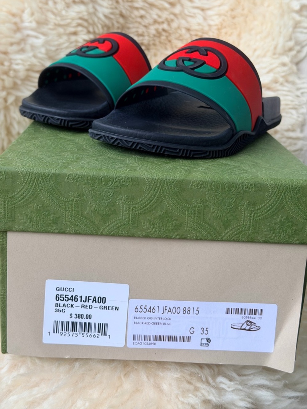 Gucci Black Slides with Red and Green Web Strap and Raised Logo - Picture 3 of 4
